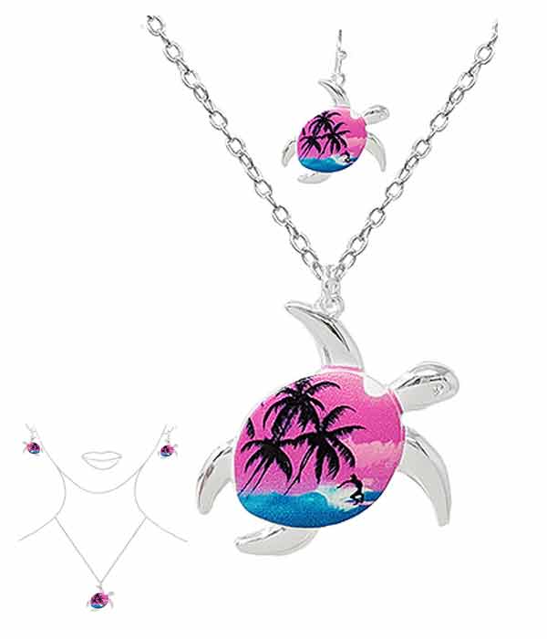 Sealife theme paint art pendant necklace set - turtle