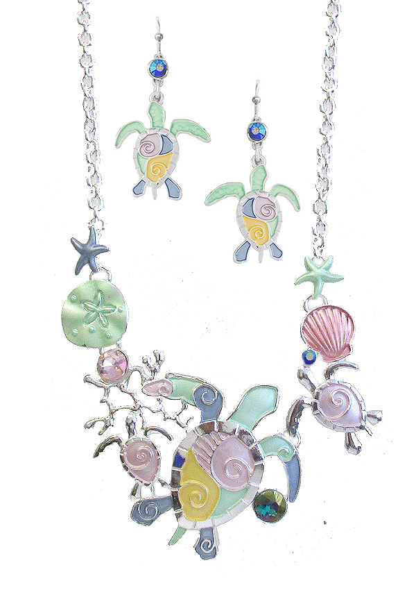 SEALIFE THEME MULTI EPOXY CHARM LINK NECKLACE SET - TURTLE