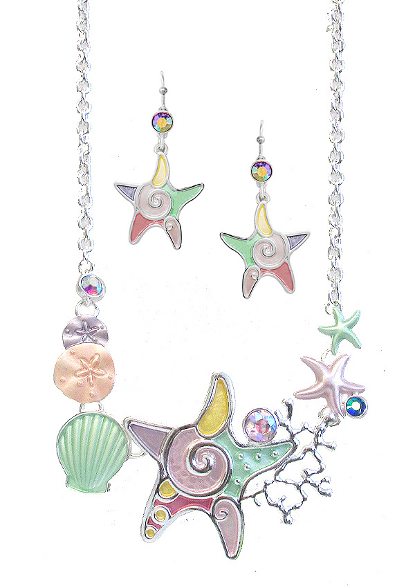 Sealife theme multi epoxy charm link necklace set - starfish