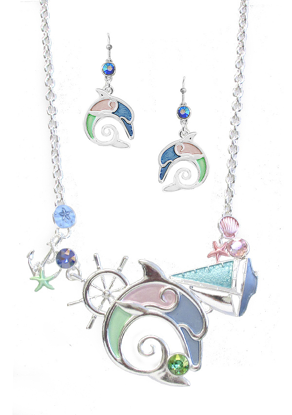 Sealife theme multi epoxy charm link necklace set - dolphin
