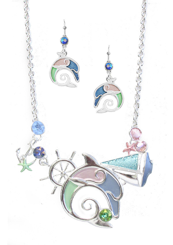 SEALIFE THEME MULTI EPOXY CHARM LINK NECKLACE SET - DOLPHIN