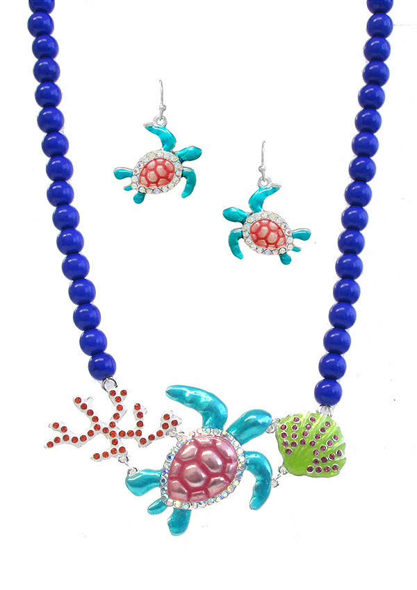 Sealife theme bold color epoxy pendant necklace set - turtle
