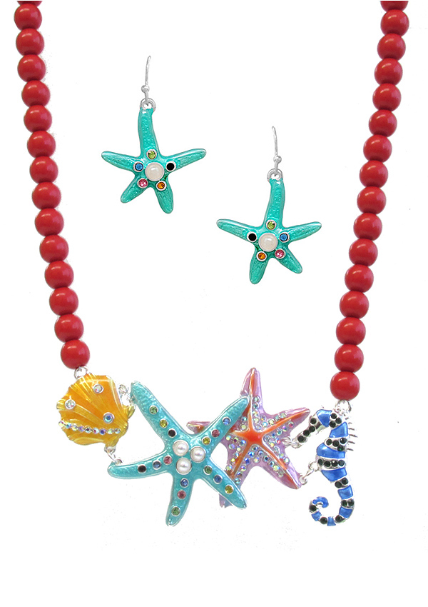 SEALIFE THEME BOLD COLOR EPOXY PENDANT NECKLACE SET - STARFISH SEA HORSE