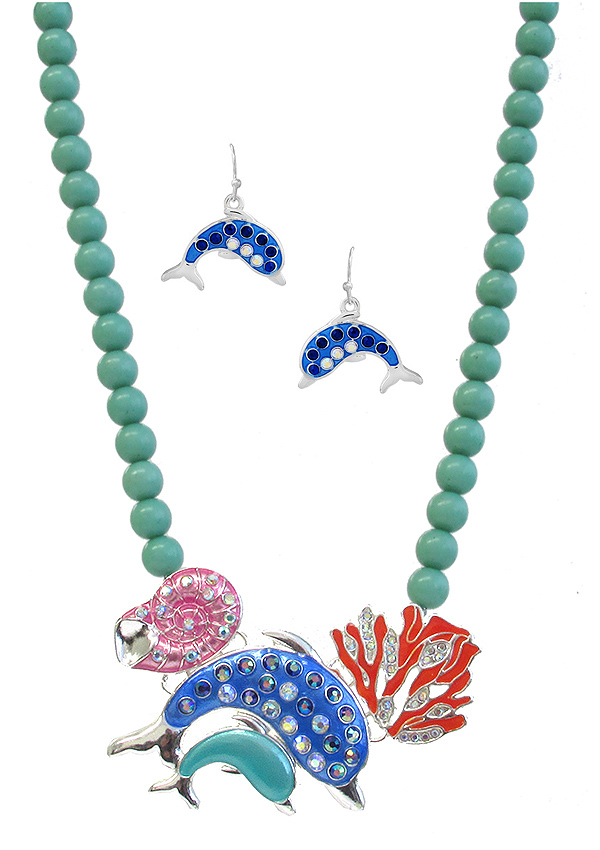 SEALIFE THEME BOLD COLOR EPOXY PENDANT NECKLACE SET - DOLPHIN