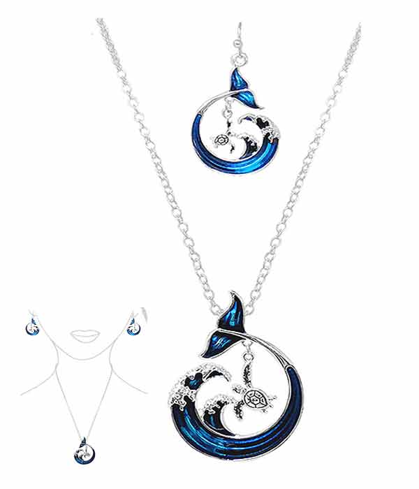 SEALIFE THEME EPOXY PENDANT NECKLACE SET - TURTLE WAVE MERMAID TAIL