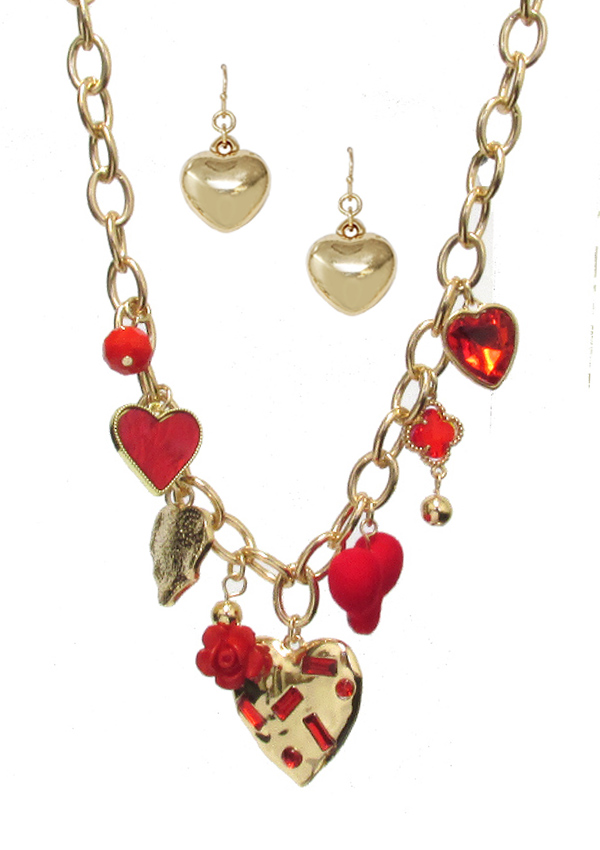 VALENTINE THEME MULTI PUFFY HEART CHARM DANGLE DROP NECKLACE SET