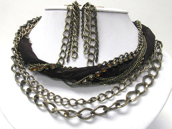 Multi row metal chain and chiffon tangle neckalce earring set