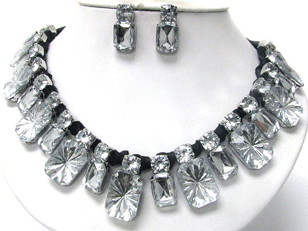 Rectangle glass stone dangle necklace earring set