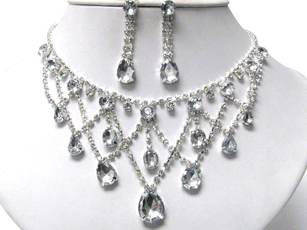 RHINESTONE AND GLASS STONE DROP PARTY NECKLACE EARRING SET