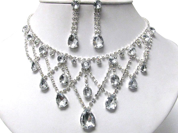 Rhinestone and glass stone drop party necklace earring set