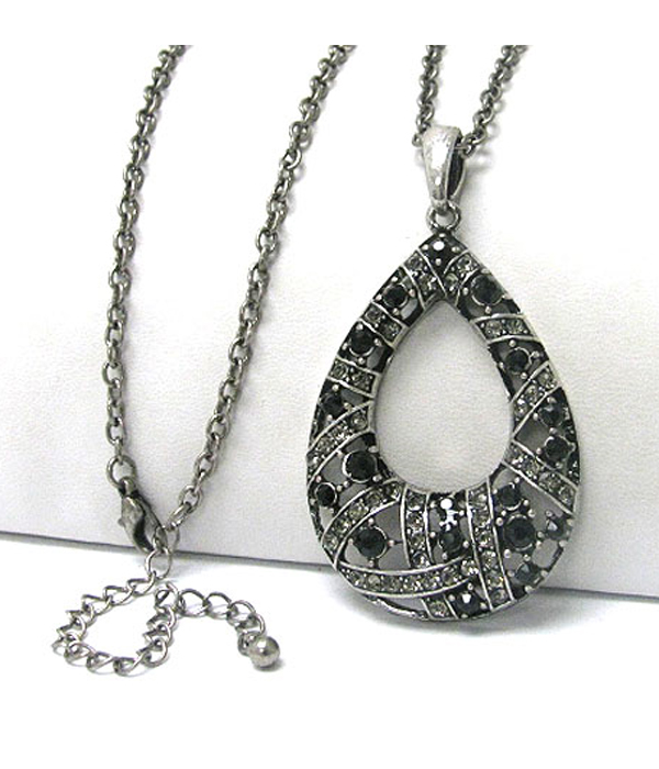 Burnish metal crystal stud tear drop pendant long necklace