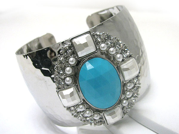 Crystal pearl and glass stone deco hammered metal cuff bangle