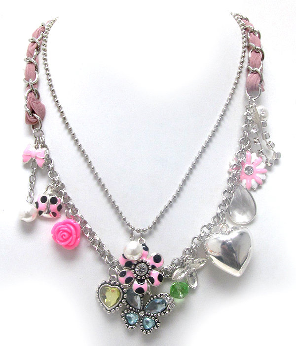 Designer style puff heart and epoxy garden theme charm with fabric chain necklace earring set