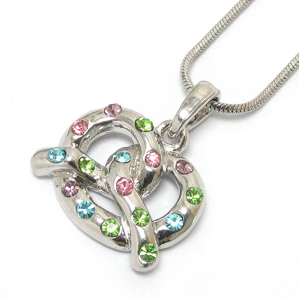 Made in korea whitegold plating crystal metal stud miniature pretzel pendant necklace