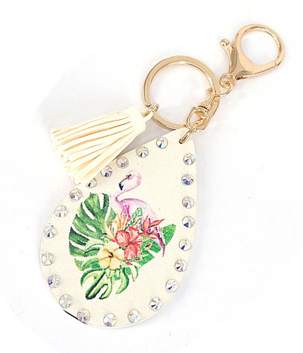 LEATHERETTE TEARDROP KEY CHAIN - FLAMINGO