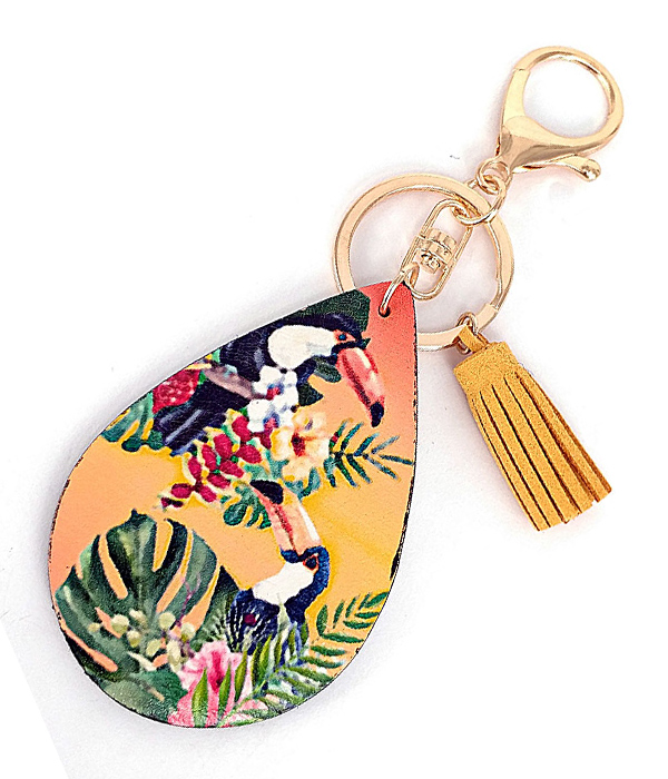 Leatherette teardrop key chain - tropical bird