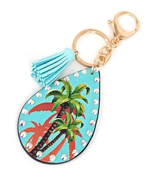 Leatherette teardrop key chain - palm tree