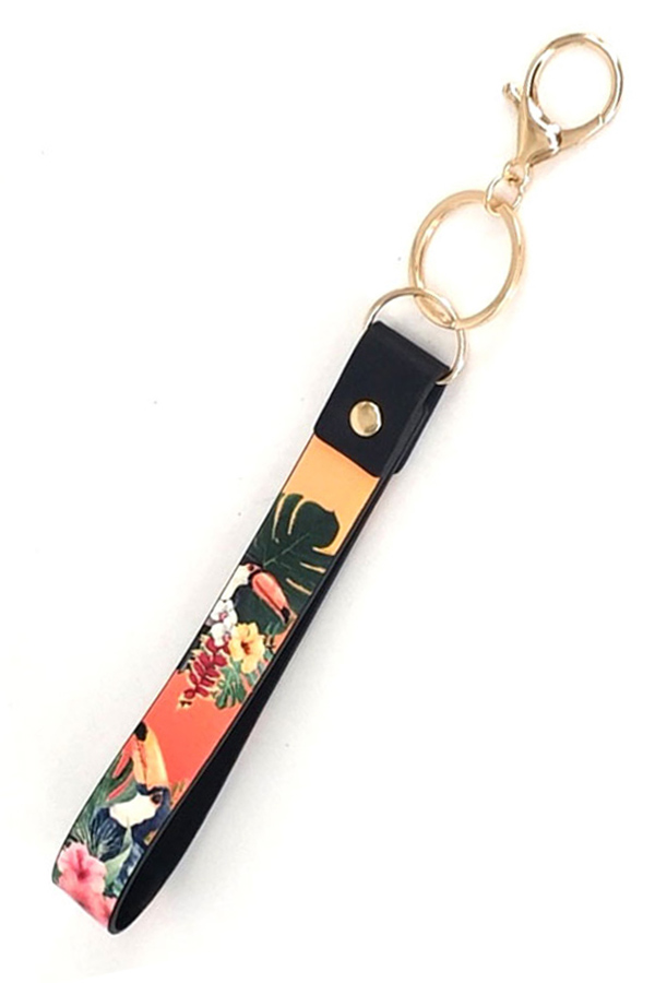 Leatherette band key chain wristlet - tropical bird
