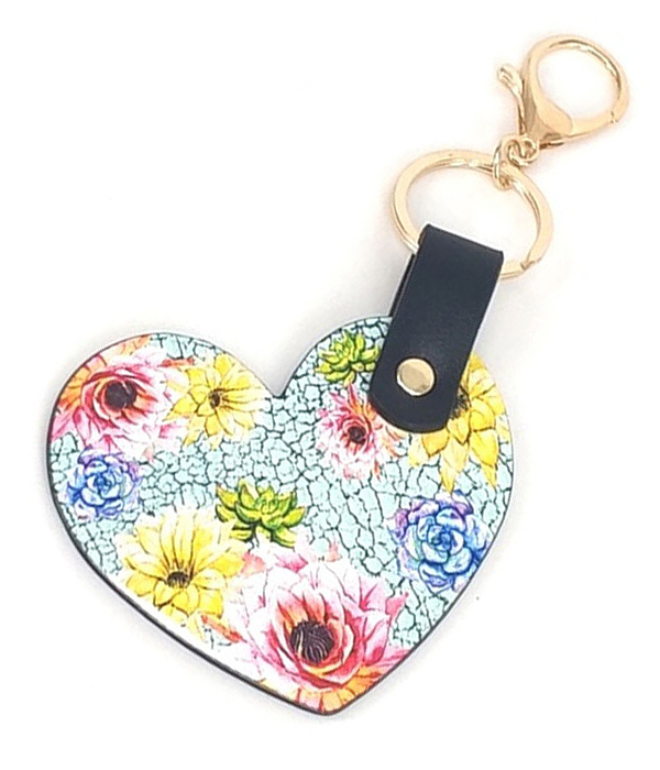 Leatherette heart key chain - flower