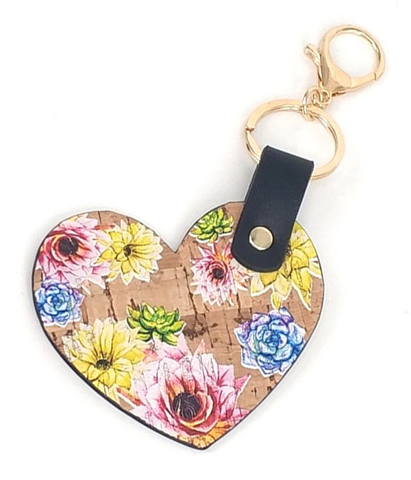 Leatherette heart key chain - flower