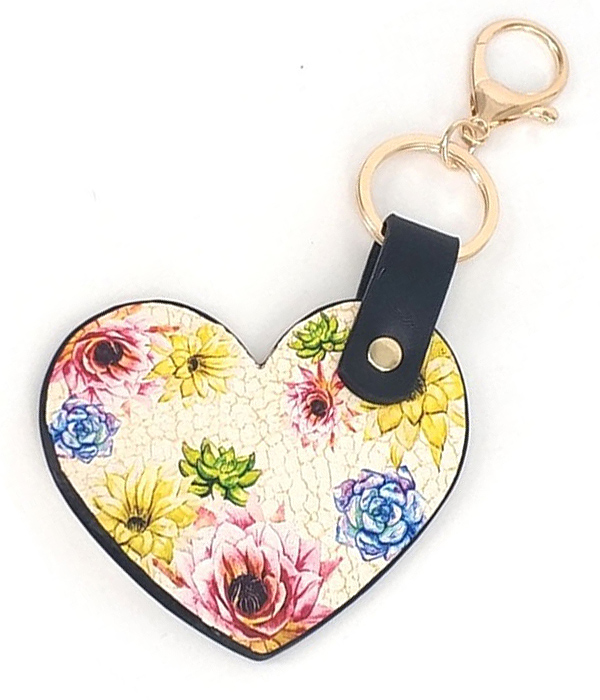 Leatherette heart key chain - flower