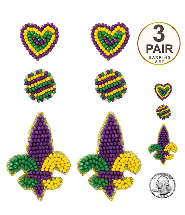 MULTI SEEDBEAD 3 PAIR EARRING SET - MARDI GRAS