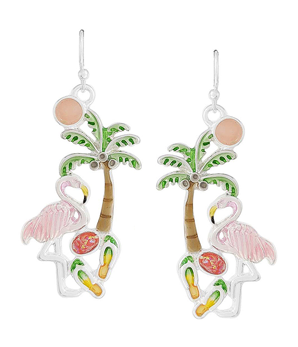 TROPICAL THEME EARRING - FLAMINGO PALM TREE