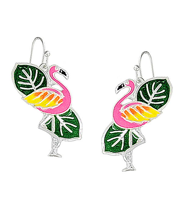 TROPICAL THEME FLAMINGO AND GIANT LEAF EARRING