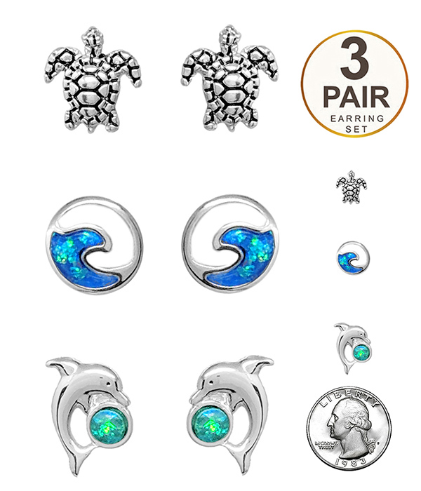 SEALIFE THEME 3 PAIR EARRING SET - TURTLE DOLPHIN WAVE