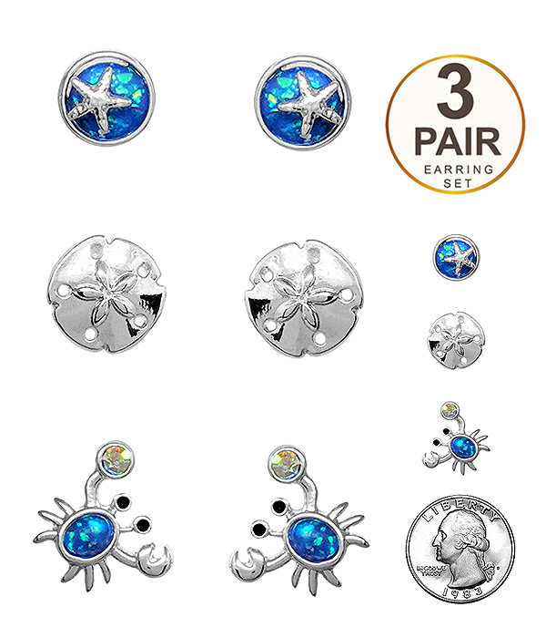 Sealife theme 3 pair earring set - sand dollar crab