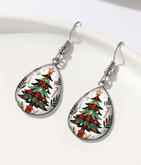 Christmas tree puffy glass teardrop earring