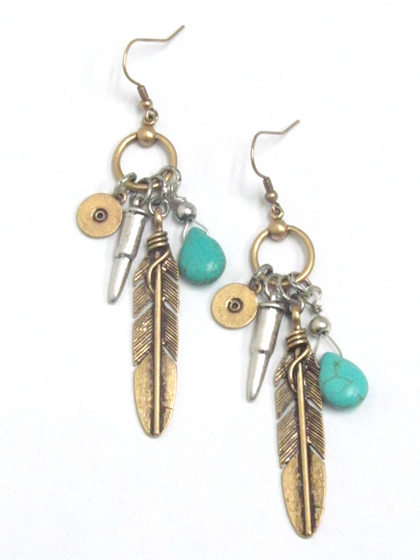 Textured metal feather and bullet charm necklace set