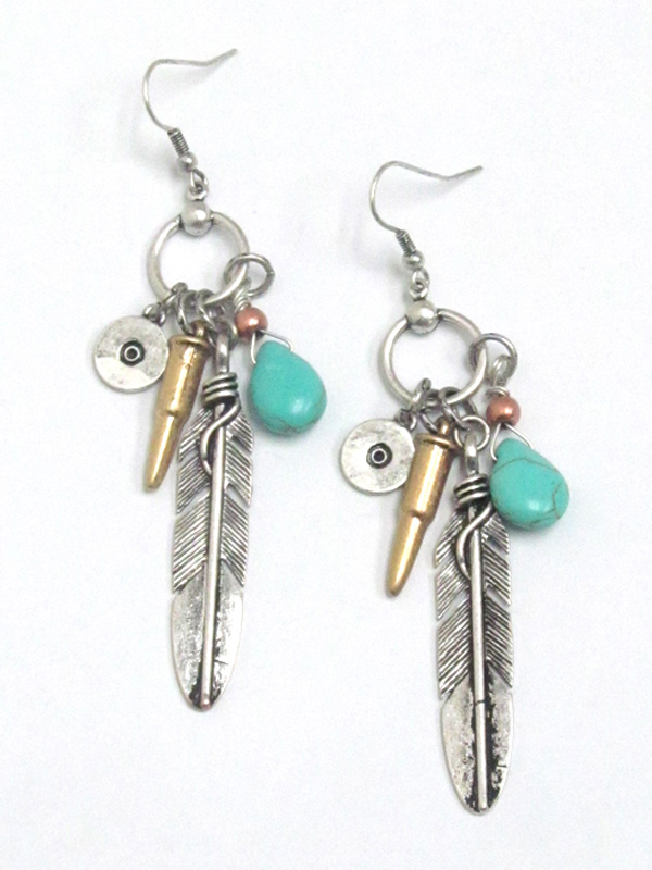 Textured metal feather and bullet charm necklace set 