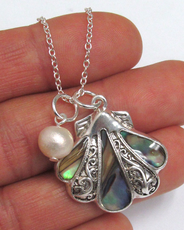 Abalone shell and freshwater pearl drop necklace