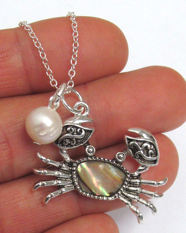 ABALONE CRAB AND FRESHWATER PEARL DROP NECKLACE