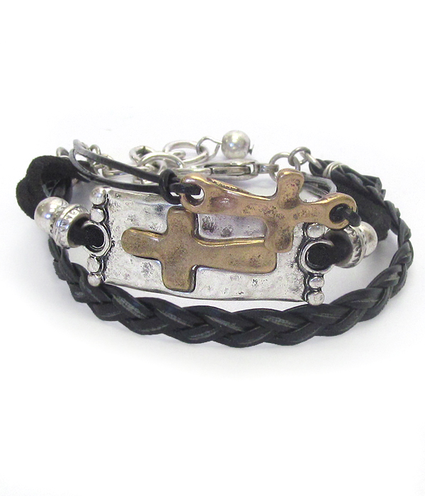 Cross and leatherette multi cord bracelet