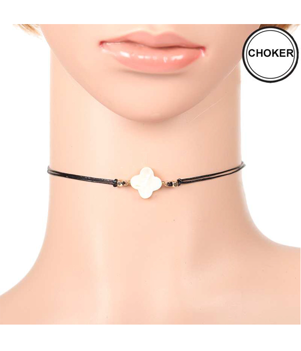 Quatrefoil mop and wax cord choker necklace