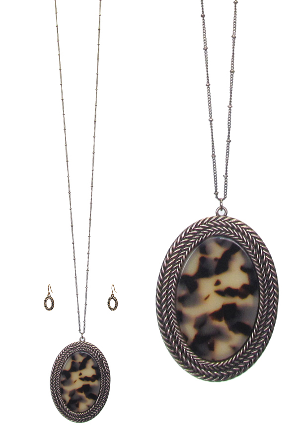 Organic cellulose oval pendant long necklace set - tortoise