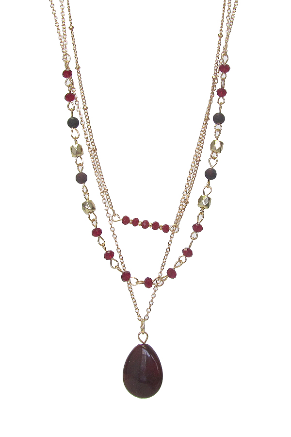 SEMI PRECIOUS TEARDROP STONE PENDANT TRIPLE LAYER NECKLACE