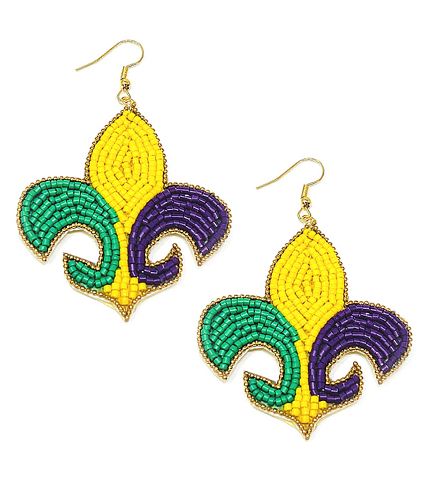 MARDI GRAS THEME MULTI SEEDBEAD FLEUR DE LIS EARRING