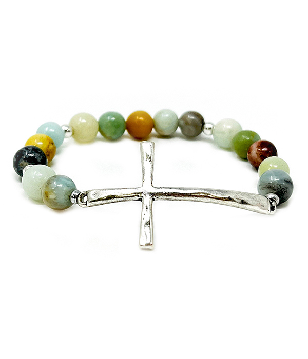 Semi precious stone ball cross stretch bracelet