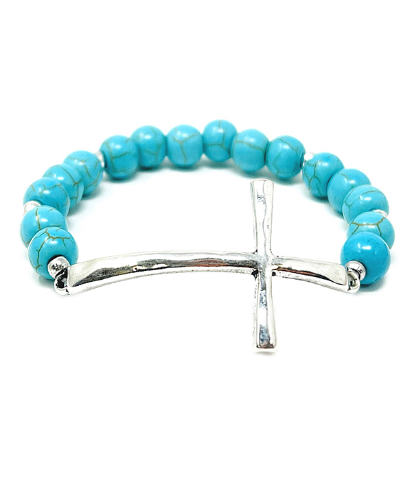 SEMI PRECIOUS STONE BALL CROSS STRETCH BRACELET