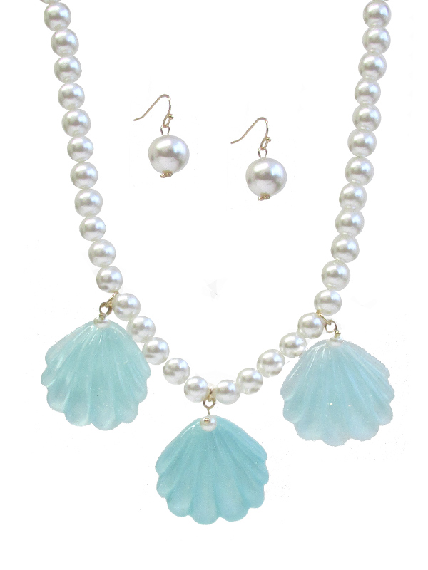 SEALIFE THEME SHELL PENDANT AND PEARL CHAIN NECKLACE SET