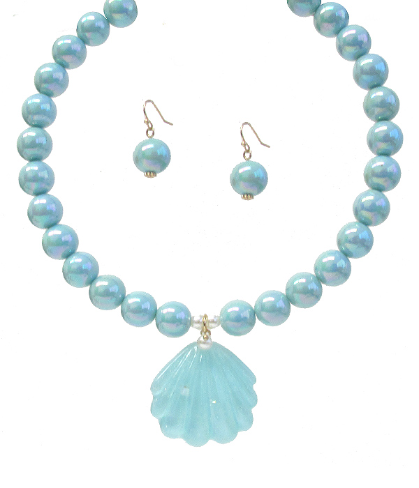 SEALIFE THEME SHELL PENDANT AND PEARL CHAIN CHOKER NECKLACE SET