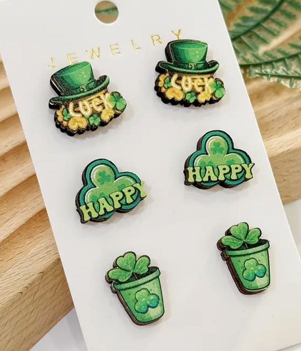 St patrick day theme 3 pair wood earring set