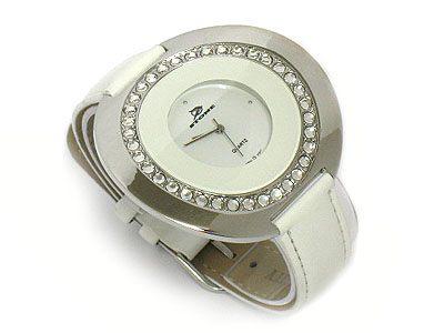 Ck style crystal curved round face leather band watch