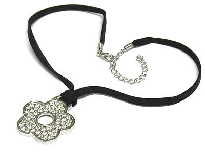 Crystal flower pendant and leather band necklace
