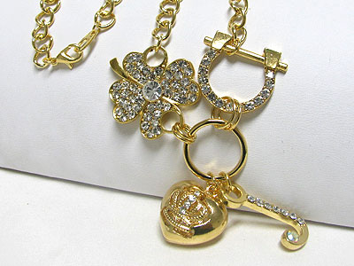 Crystal multi lucky charm link long necklace - horse shoe clover puffy heart crown