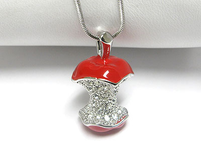 Made in korea whitegold plating epoxy and crystal apple pendant necklace