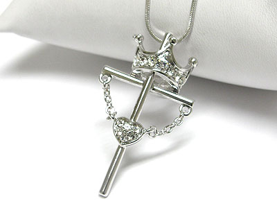 Made in korea whitegold plating crystal crown cross pendant necklace